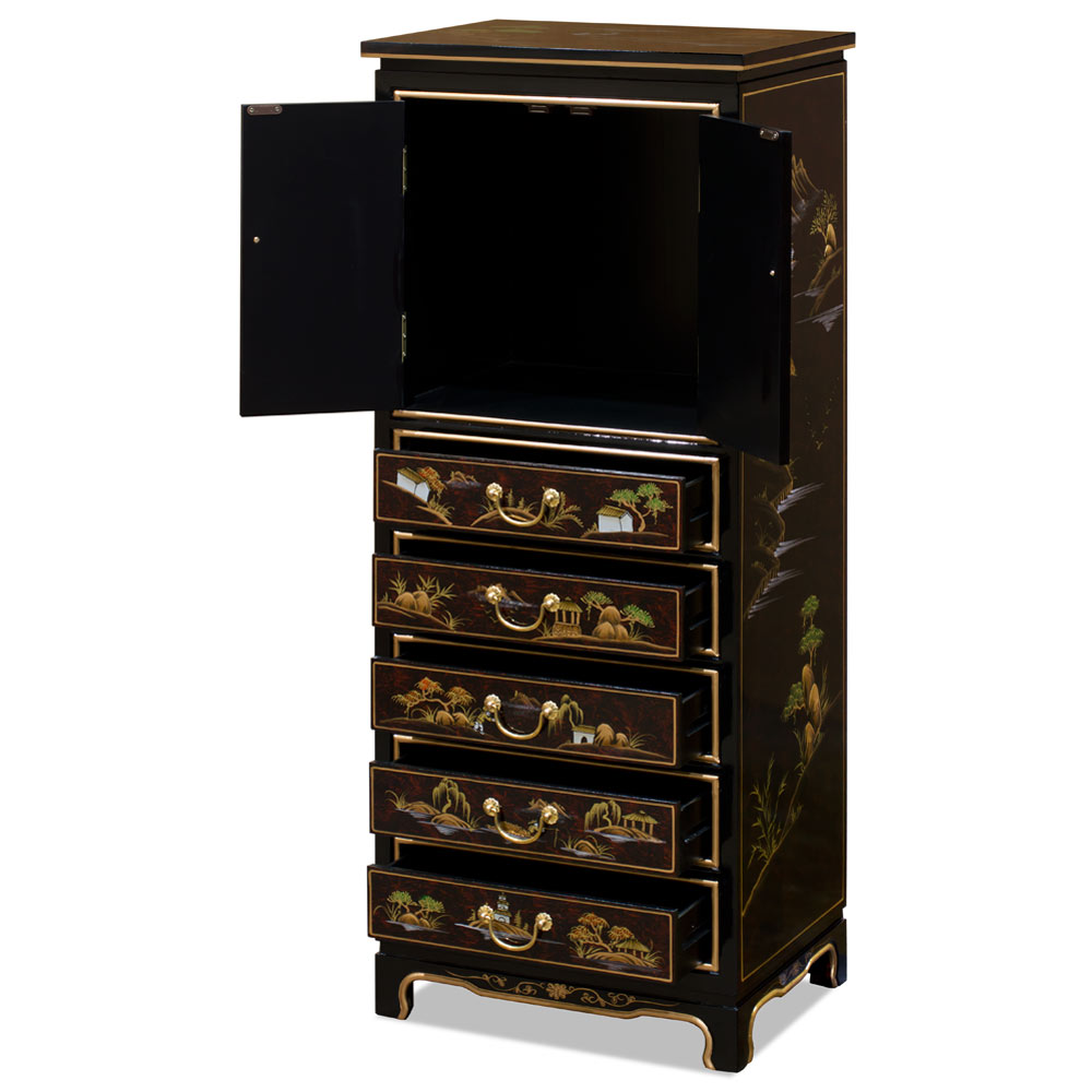 Maroon Lacquer Chinoiserie Scenery Chinese Chest with 5 Drawers