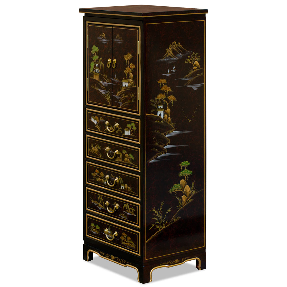 Maroon Lacquer Chinoiserie Scenery Chinese Chest with 5 Drawers