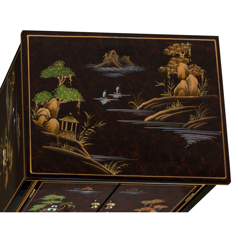 Maroon Lacquer Chinoiserie Scenery Chinese Chest with 5 Drawers