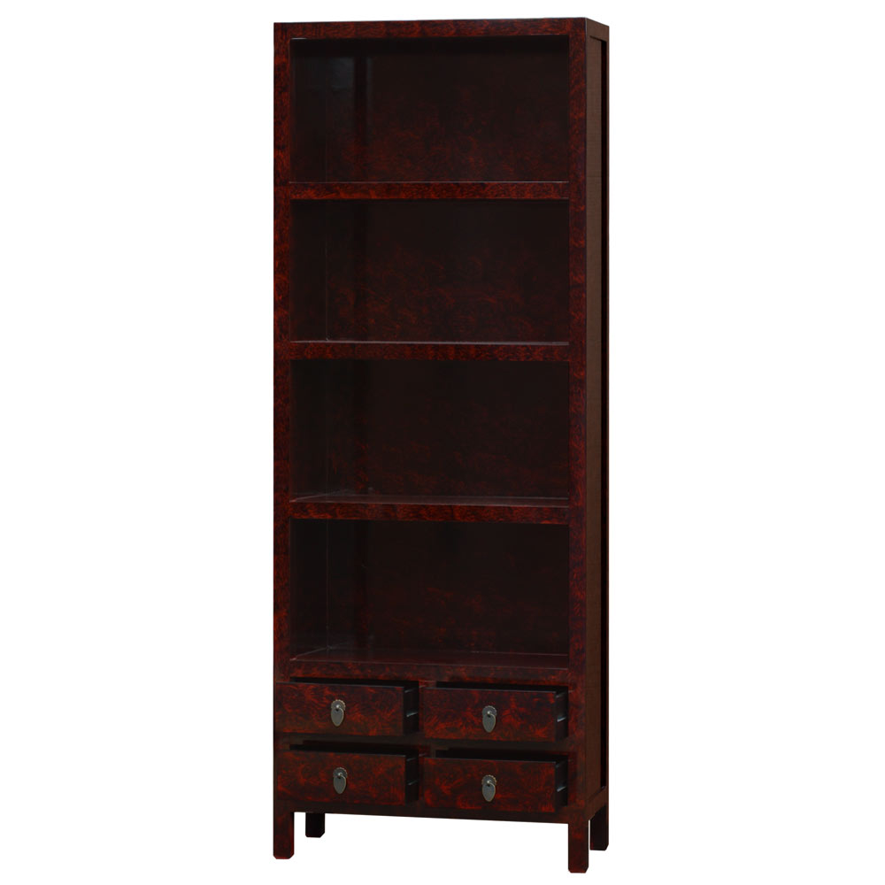 Maroon Lacquer Chinese Bookcase with 4 Drawers