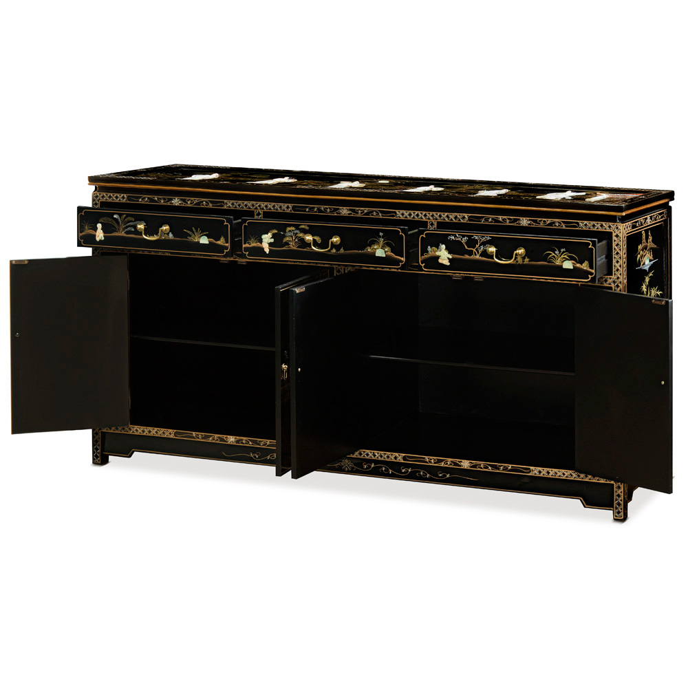 Black Lacquer Mother of Pearl Motif Asian Sideboard