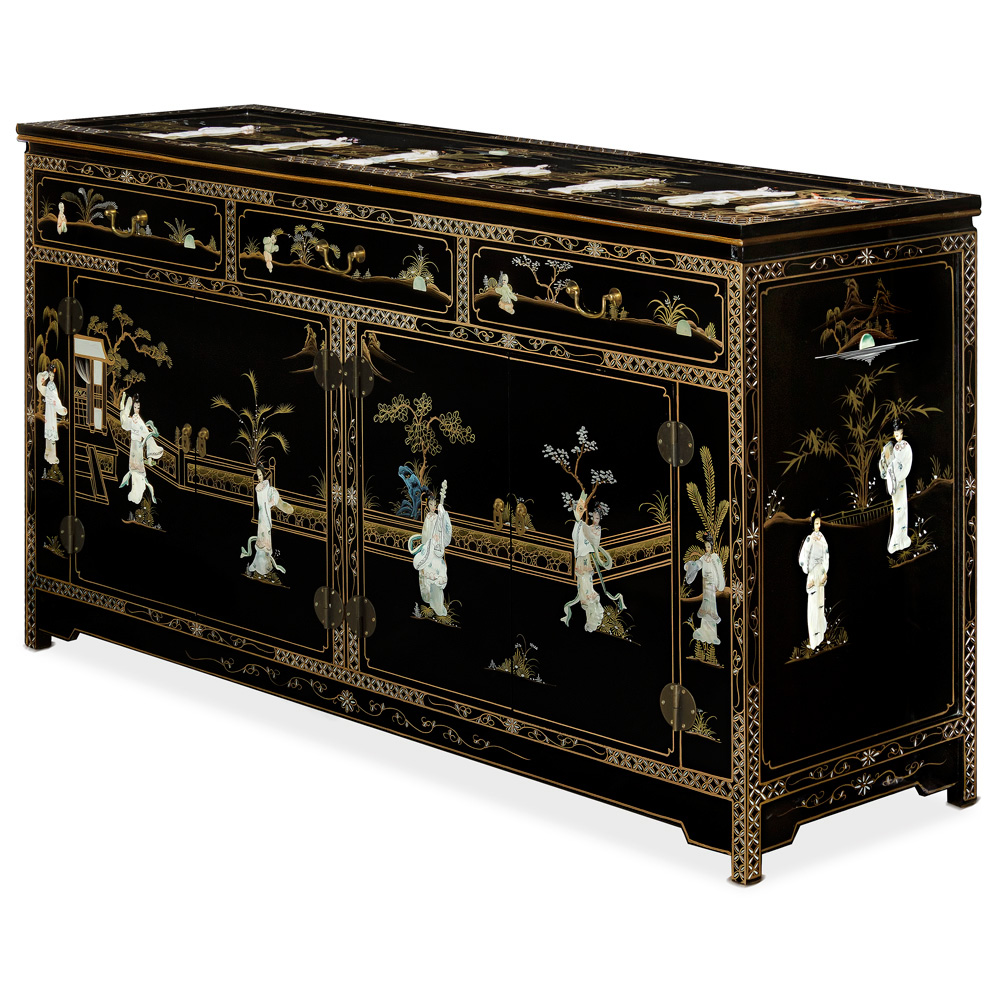 Black Lacquer Mother of Pearl Motif Asian Sideboard