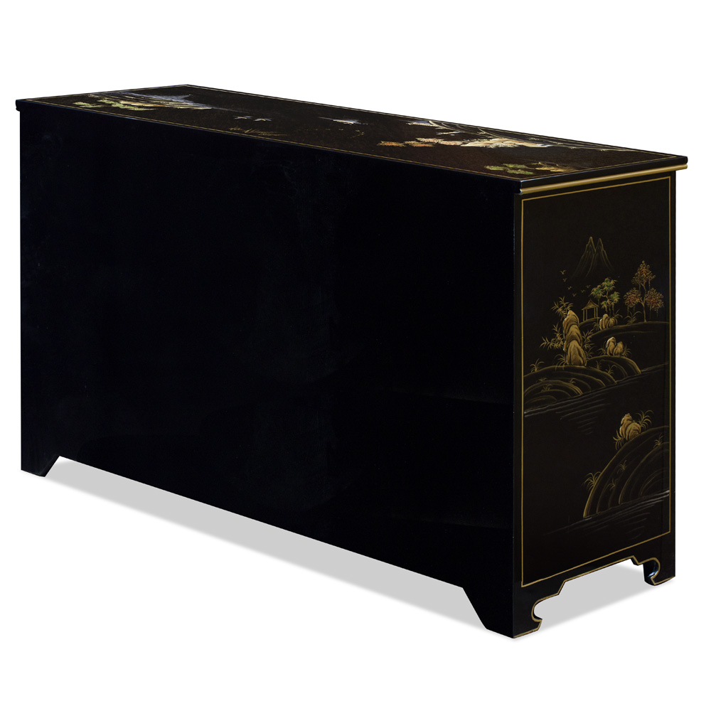 Black Lacquer Chinoiserie Scenery Motif Oriental Sideboard