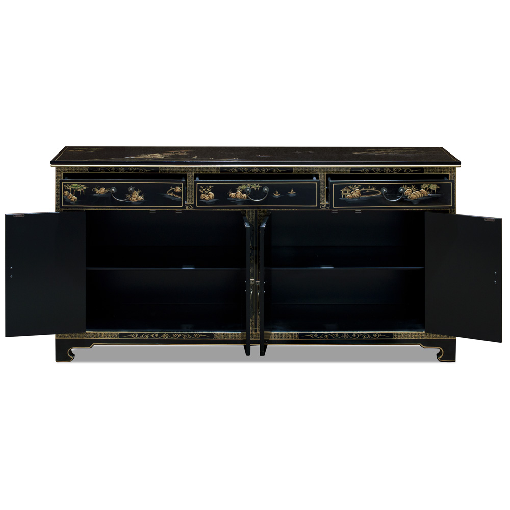 Black Lacquer Chinoiserie Scenery Motif Oriental Sideboard