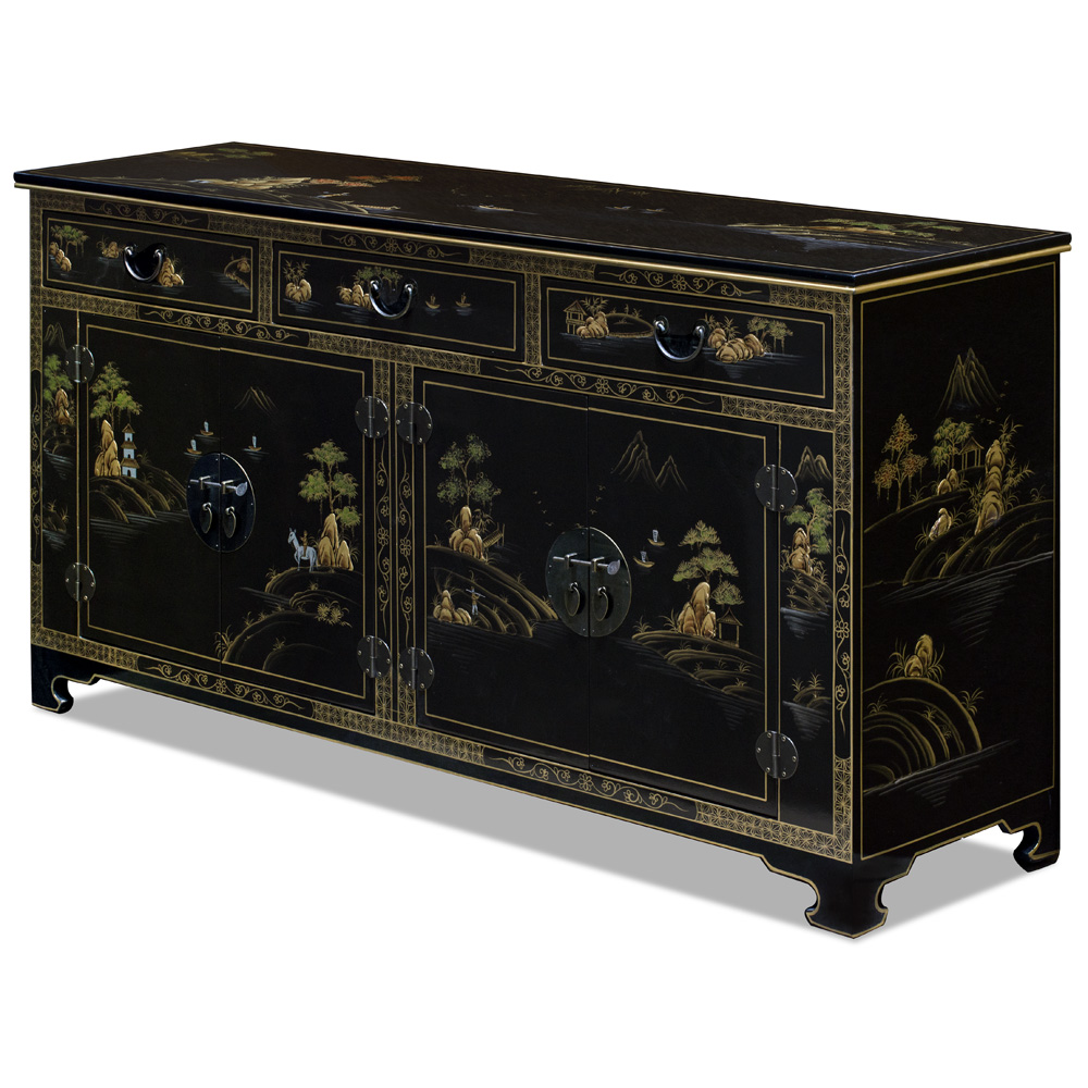 Black Lacquer Chinoiserie Scenery Motif Oriental Sideboard