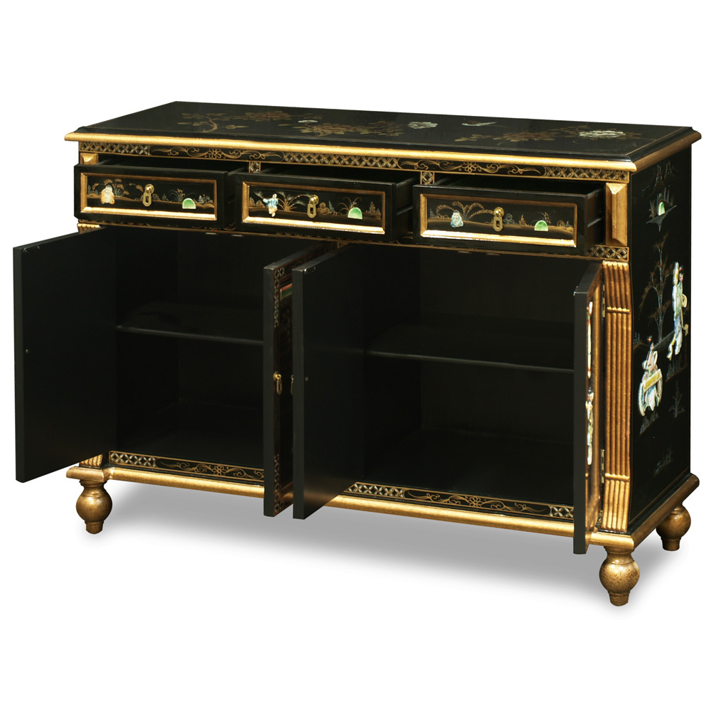 Gold Trim Black Lacquer Mother of Pearl Oriental Sideboard