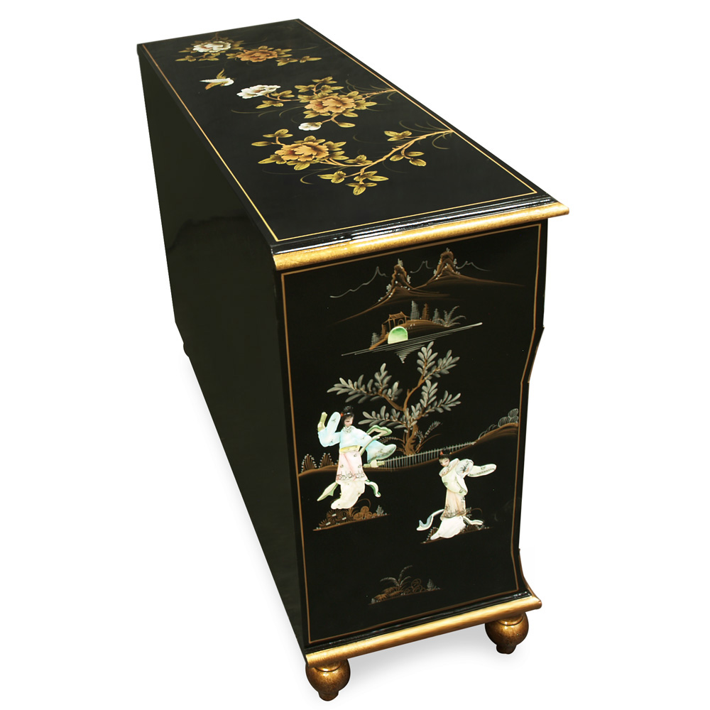 Gold Trim Black Lacquer Mother of Pearl Oriental Sideboard