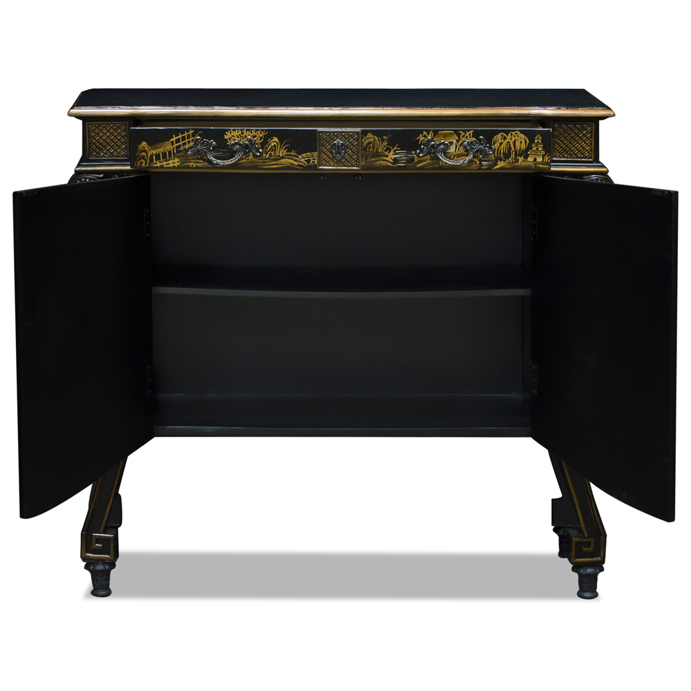 Black Crackle Chinoiserie Courtyard French Motif Oriental Commode