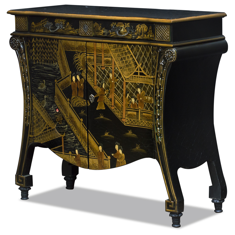 Black Crackle Chinoiserie Courtyard French Motif Oriental Commode