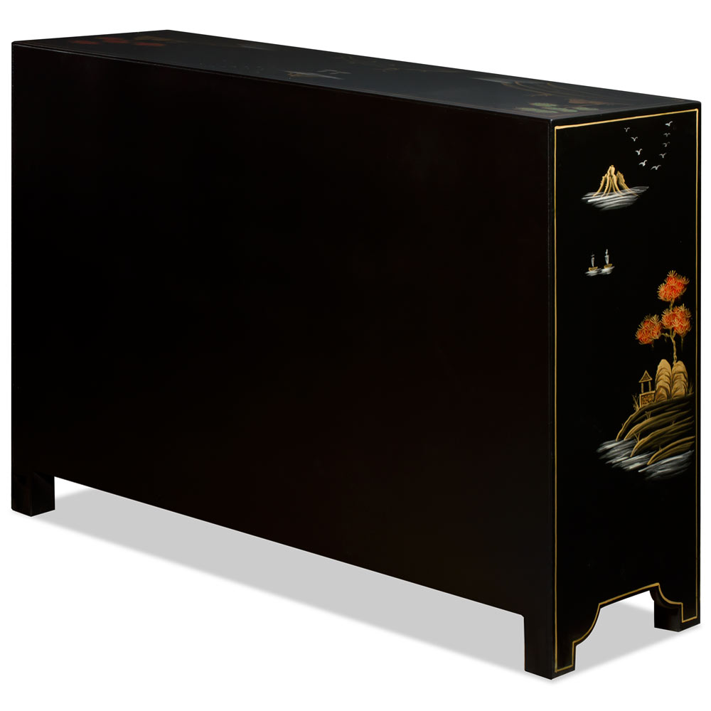 Black Lacquer Chinoiserie Scenery Motif Oriental Sideboard