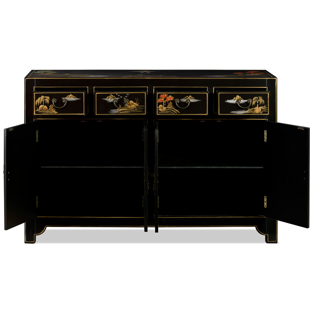 Black Lacquer Chinoiserie Scenery Motif Oriental Sideboard