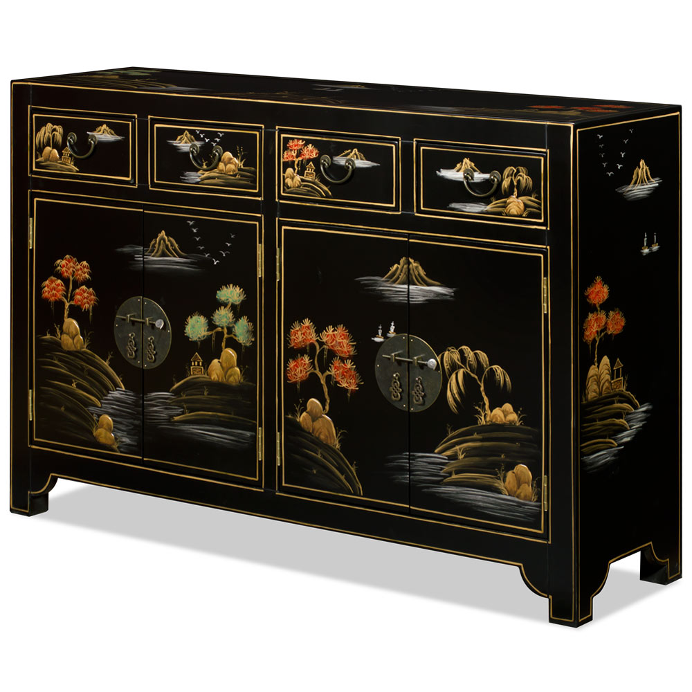 Black Lacquer Chinoiserie Scenery Motif Oriental Sideboard