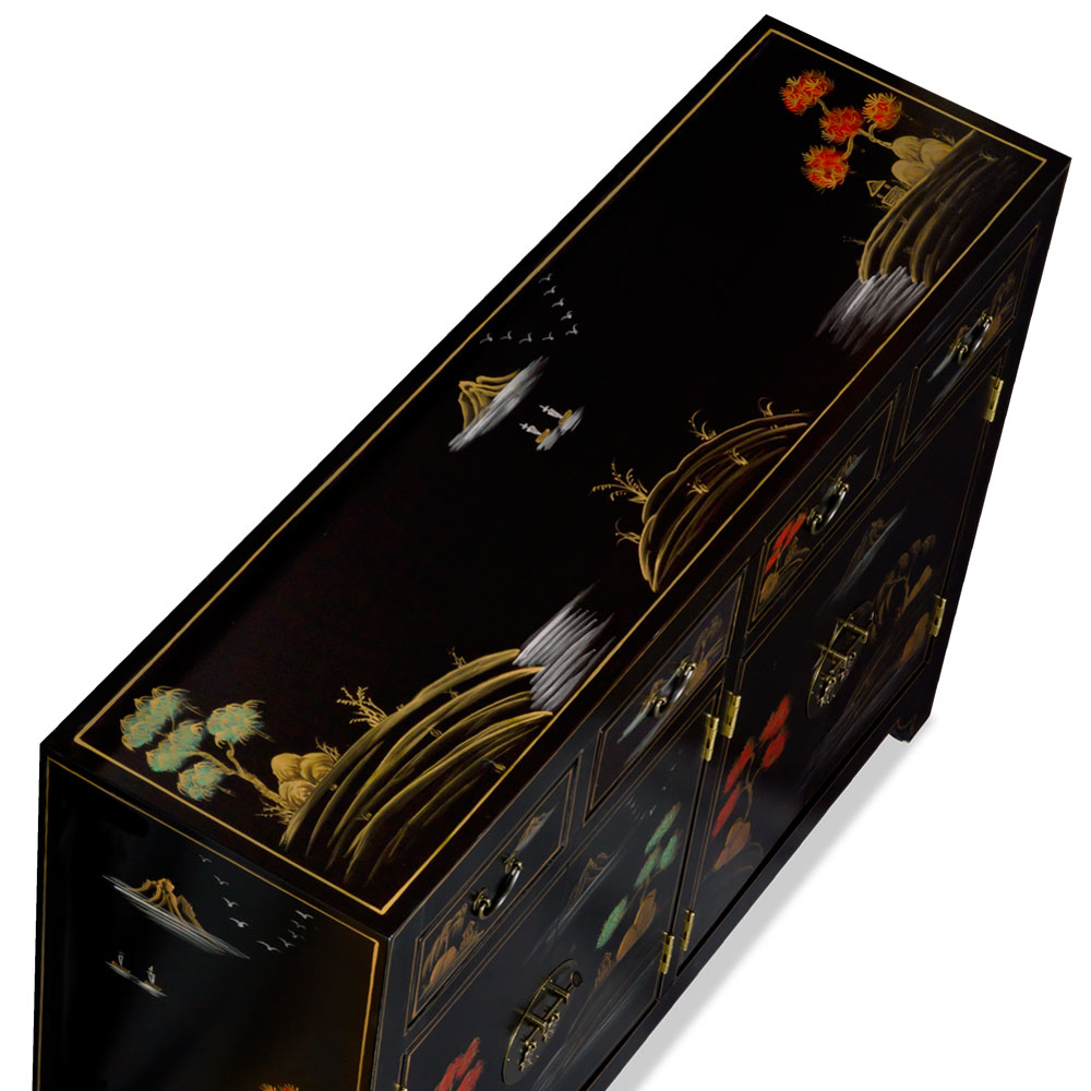 Black Lacquer Chinoiserie Scenery Motif Oriental Sideboard