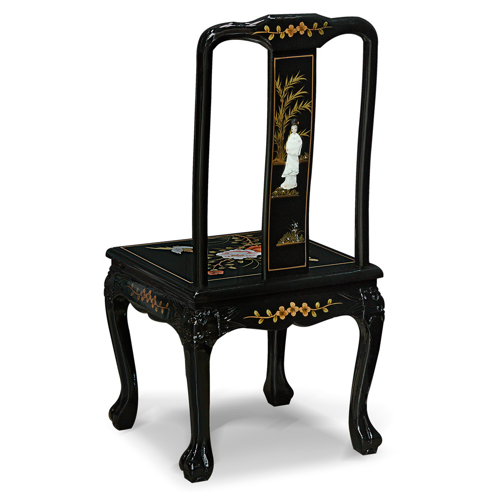 Black Queen Anne Peony Motif Oriental Accent Chair