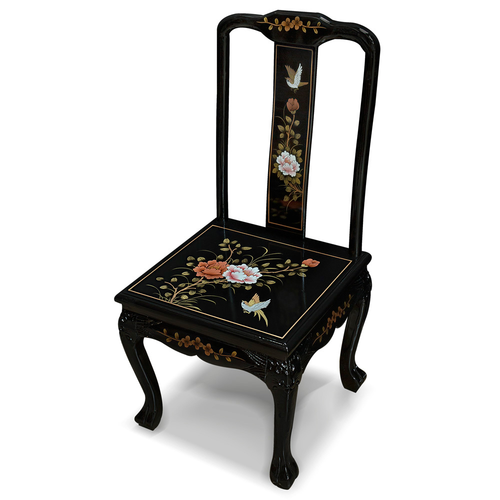 Black Queen Anne Peony Motif Oriental Accent Chair