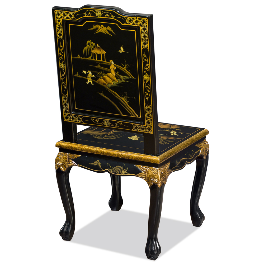 Black Queen Anne Chinoiserie Scenery Motif Oriental Accent Chair