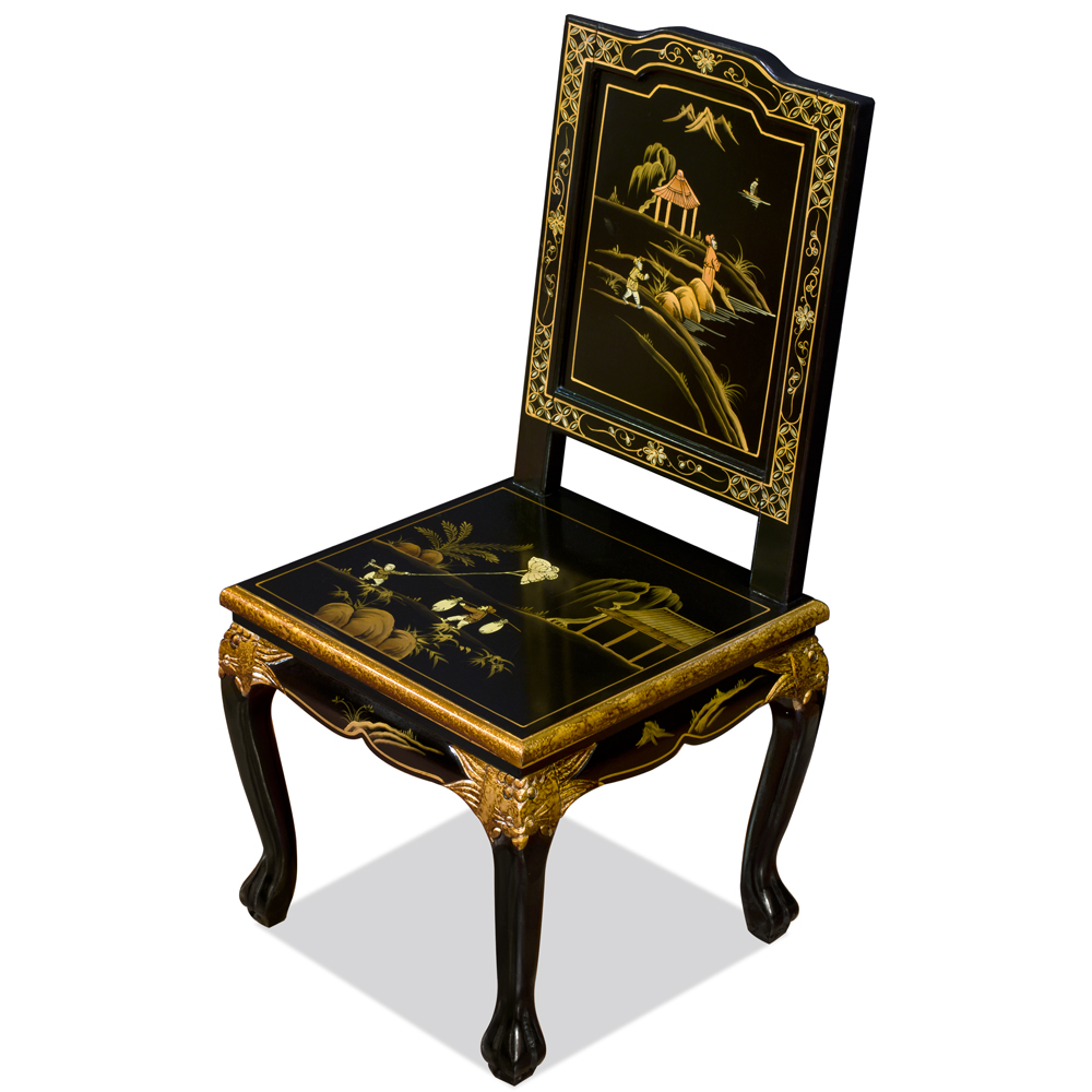 Black Queen Anne Chinoiserie Scenery Motif Oriental Accent Chair