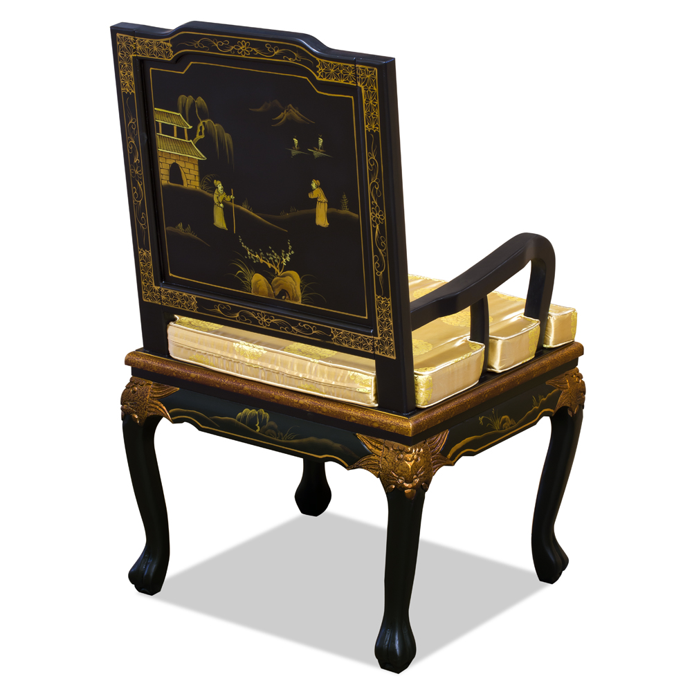 Black Queen Anne Chinoiserie Scenery Motif Oriental Arm Chair