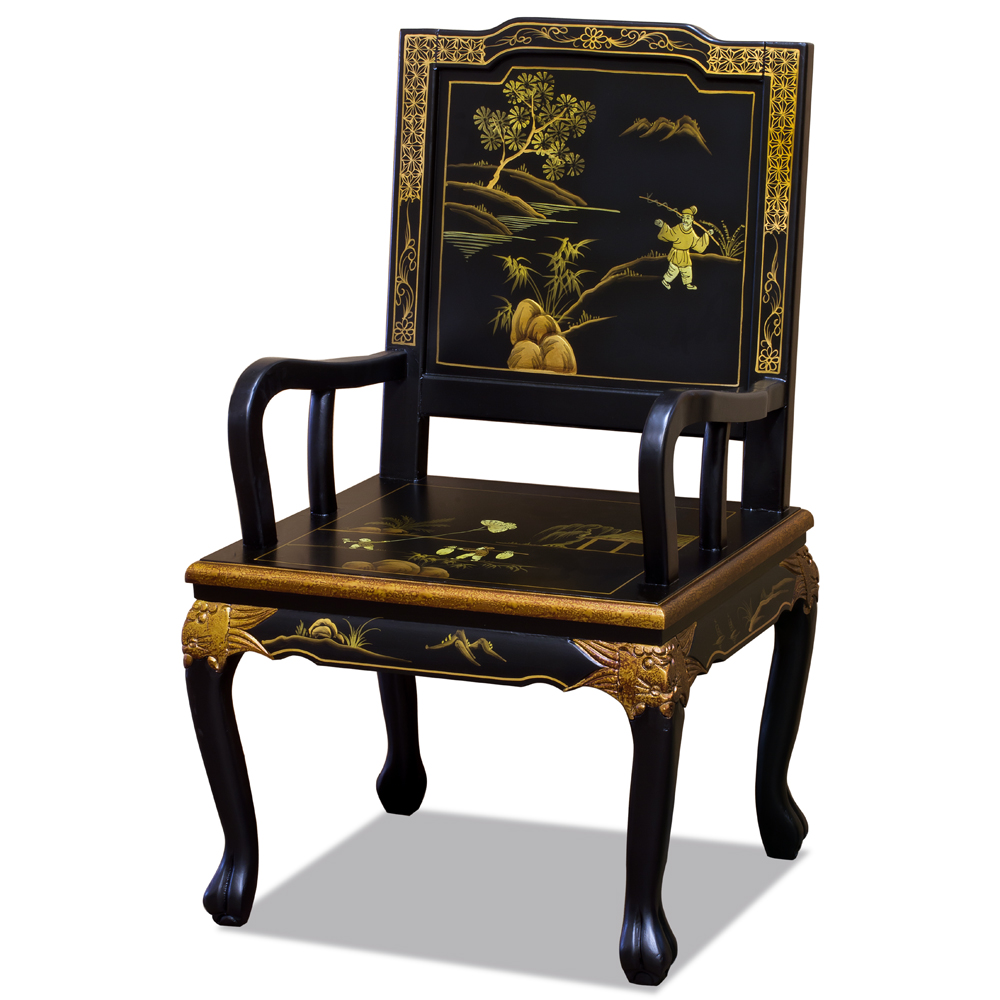 Black Queen Anne Chinoiserie Scenery Motif Oriental Arm Chair