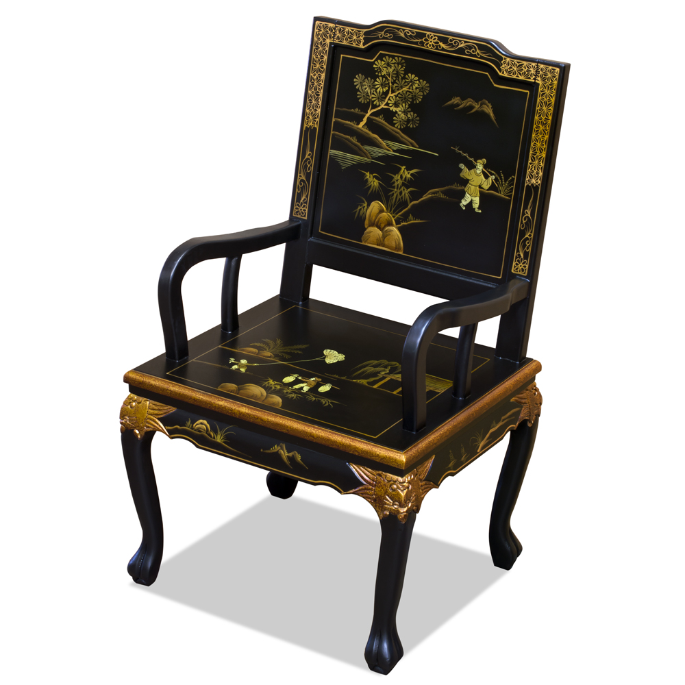 Black Queen Anne Chinoiserie Scenery Motif Oriental Arm Chair