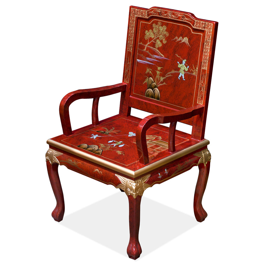 Red Queen Anne Chinoiserie Scenery Oriental Arm Chair