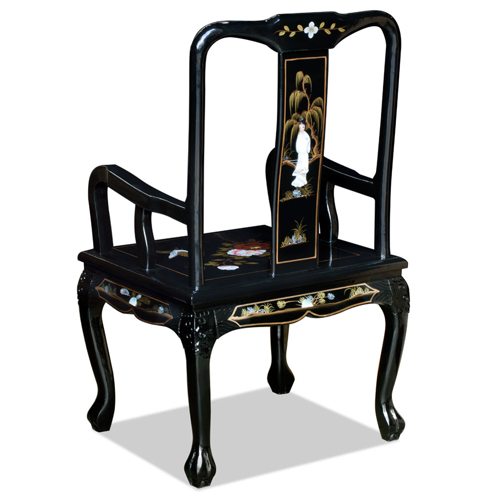 Black Lacquer Queen Ann Mother of Pearl Motif Oriental Arm Chair