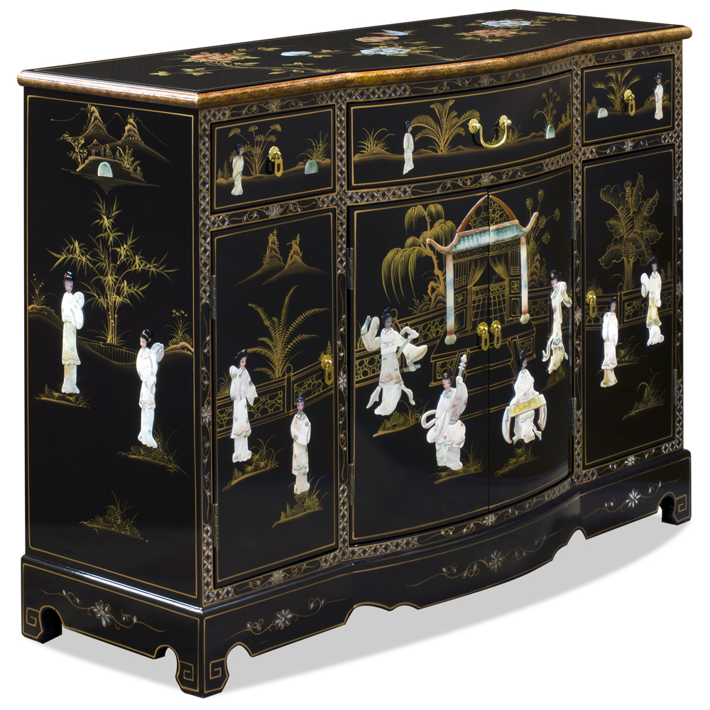 Black Lacquer Mother of Pearl Oriental Accent Cabinet