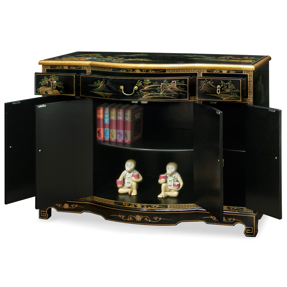 Black Lacquer Chinoiserie Scenery Motif Oriental Hall Cabinet