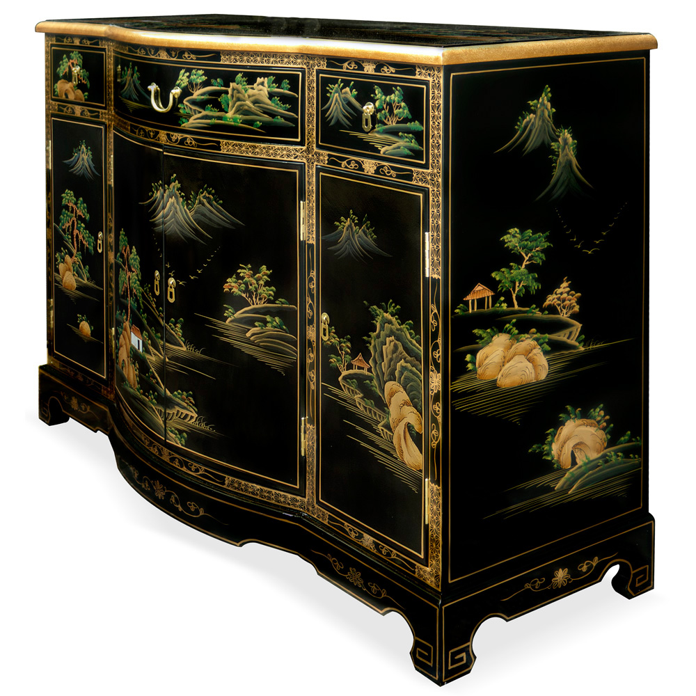 Black Lacquer Chinoiserie Scenery Motif Oriental Hall Cabinet