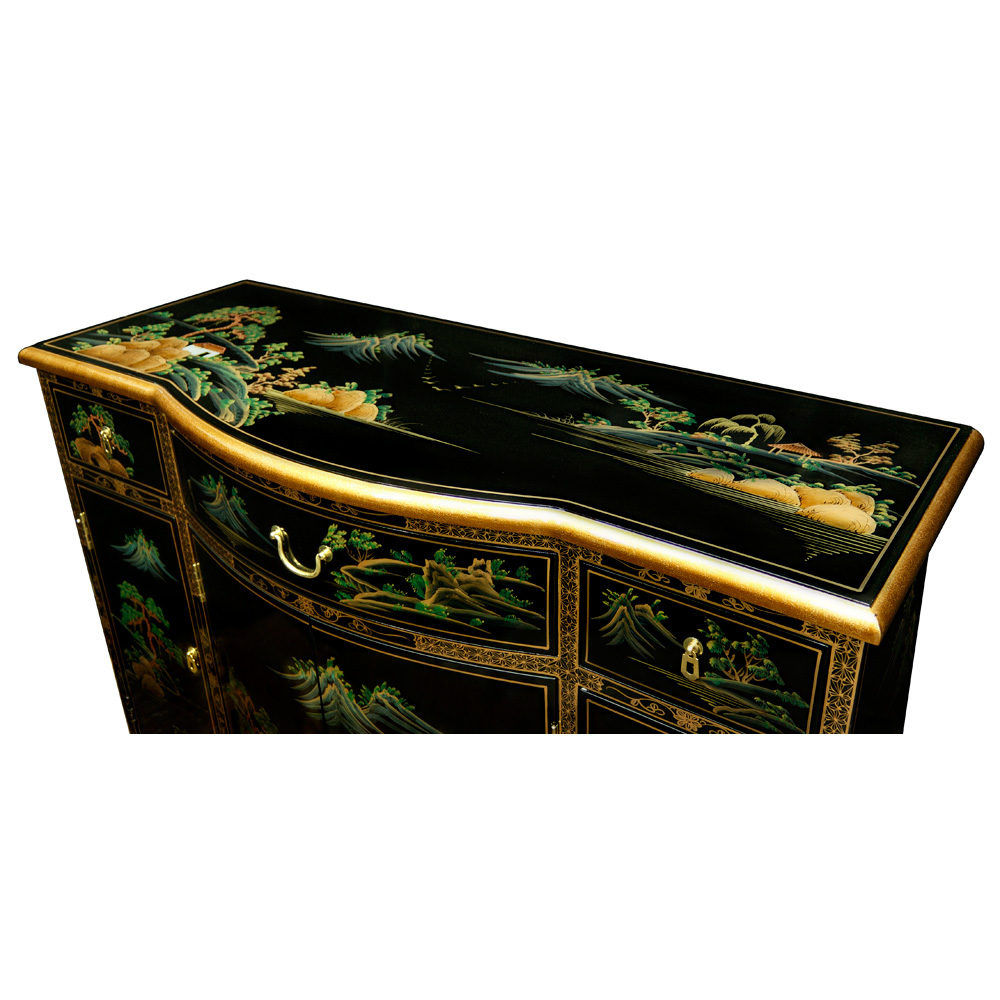 Black Lacquer Chinoiserie Scenery Motif Oriental Hall Cabinet