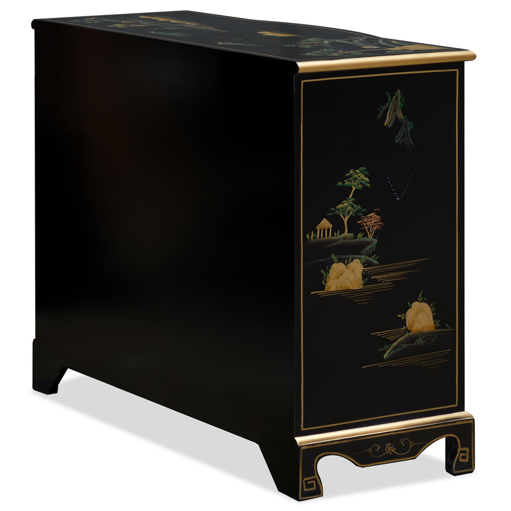 Black Lacquer Chinoiserie Scenery Motif Oriental Hall Cabinet