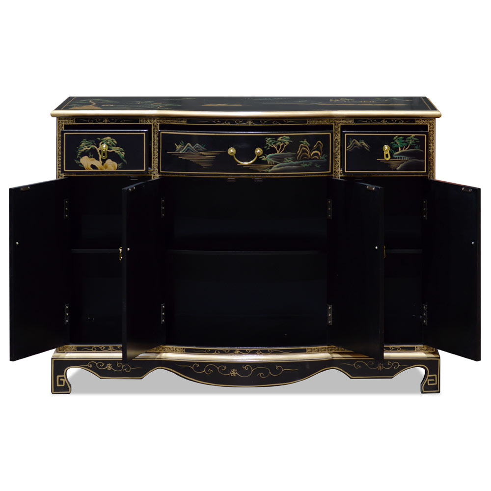 Black Lacquer Chinoiserie Scenery Motif Oriental Hall Cabinet