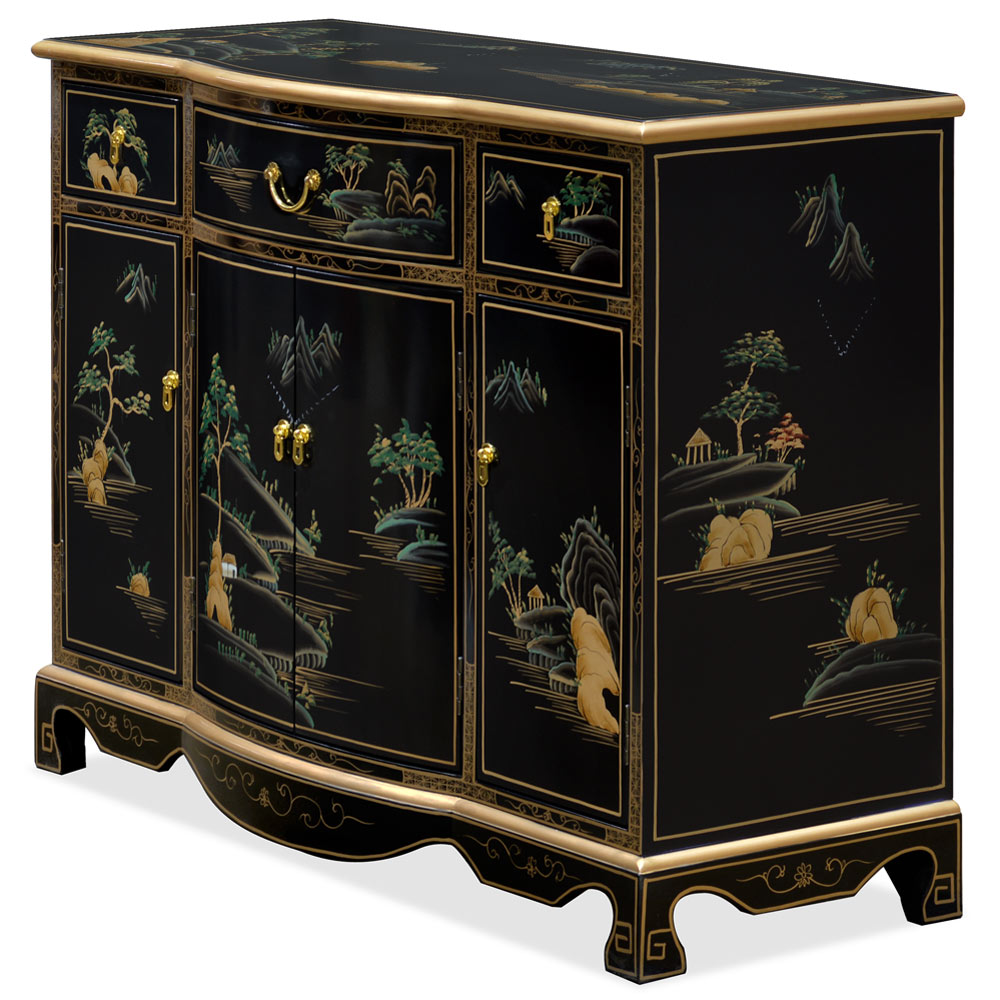 Black Lacquer Chinoiserie Scenery Motif Oriental Hall Cabinet