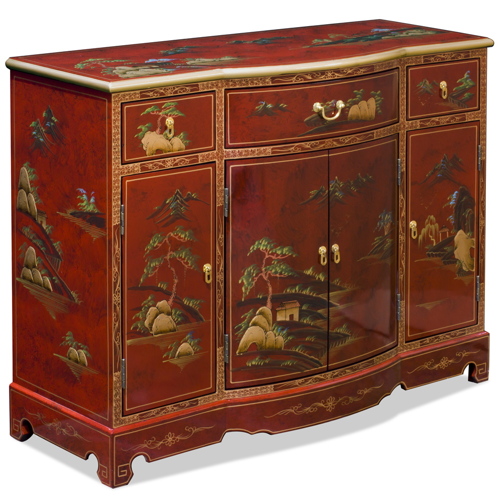 Red Lacquer Chinoiserie Scenery Motif Oriental Hall Cabinet