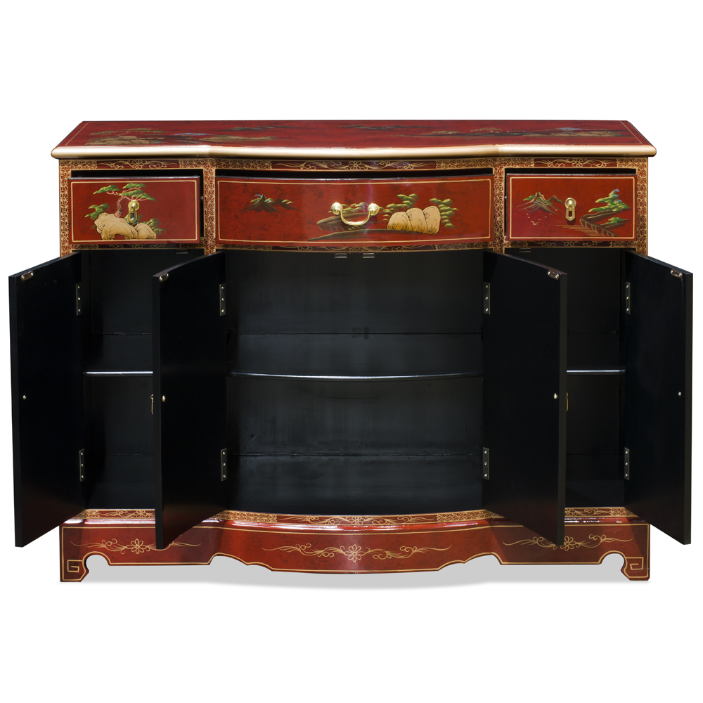 Red Lacquer Chinoiserie Scenery Motif Oriental Hall Cabinet