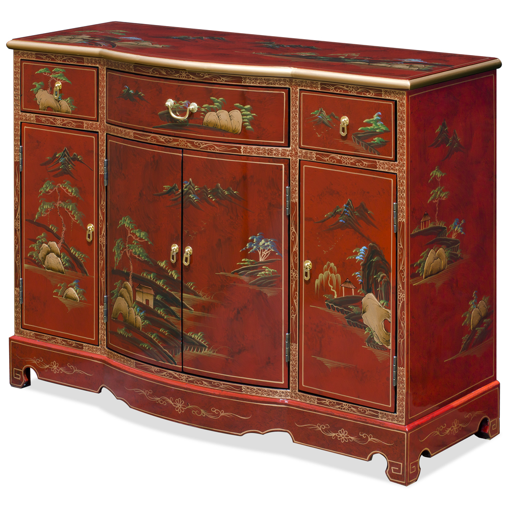 Red Lacquer Chinoiserie Scenery Motif Oriental Hall Cabinet