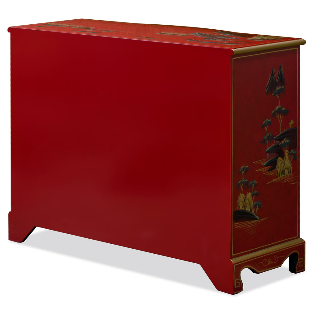 Red Lacquer Chinoiserie Scenery Motif Oriental Hall Cabinet