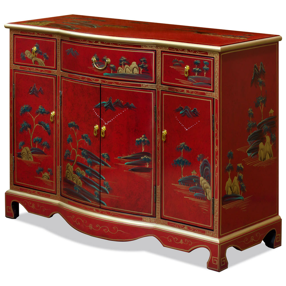 Red Lacquer Chinoiserie Scenery Motif Oriental Hall Cabinet