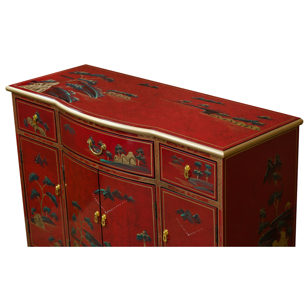 Red Lacquer Chinoiserie Scenery Motif Oriental Hall Cabinet