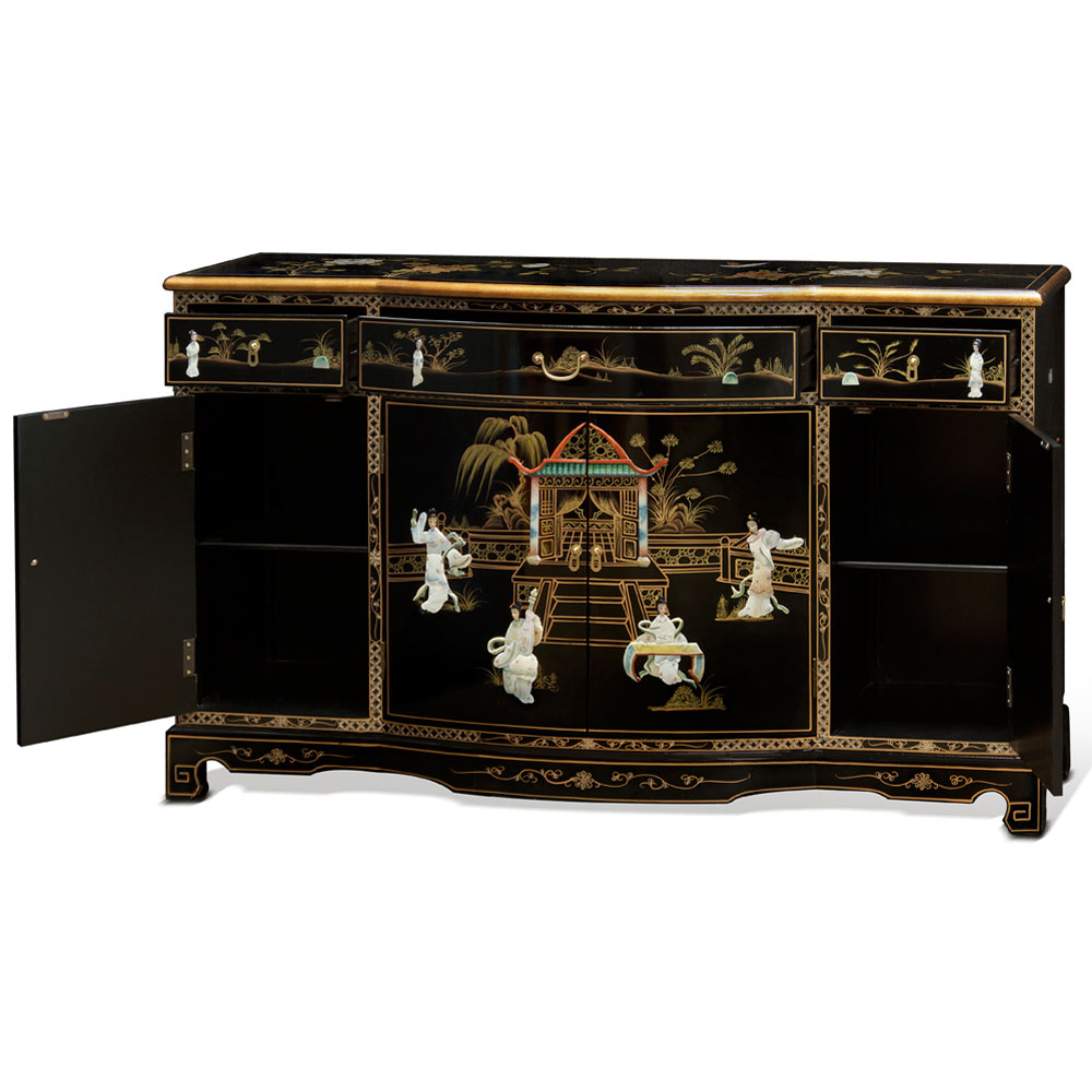 Black Lacquer Mother of Pearl Oriental Sideboard