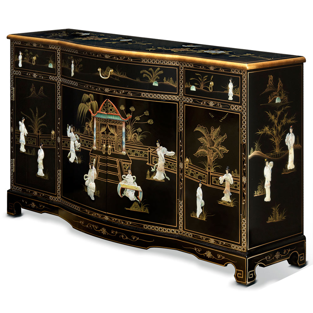 Black Lacquer Mother of Pearl Oriental Sideboard