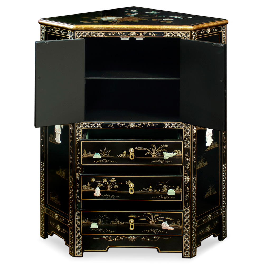 Black Lacquer Mother of Pearl Oriental Corner Cabinet