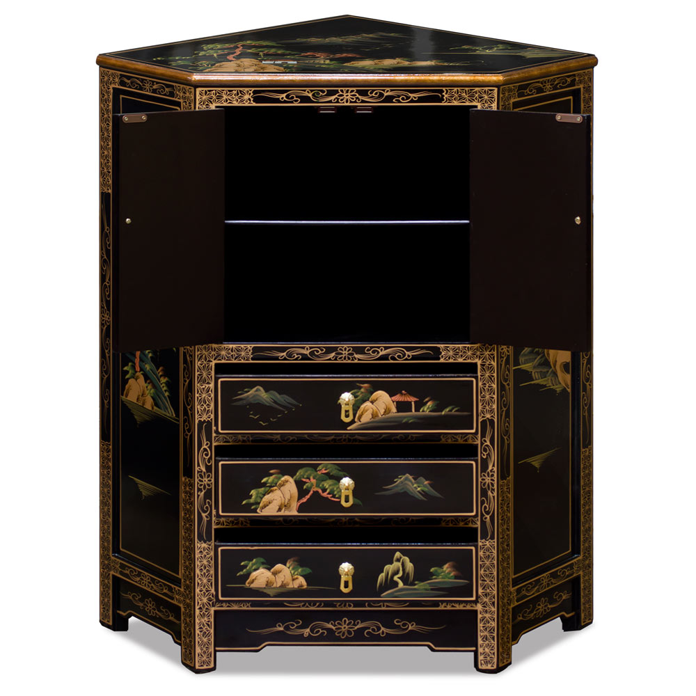 Black Lacquer Chinoiserie Landscape Oriental Corner Cabinet