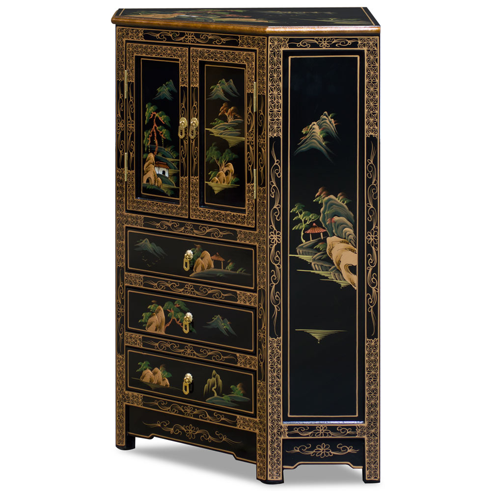 Black Lacquer Chinoiserie Landscape Oriental Corner Cabinet