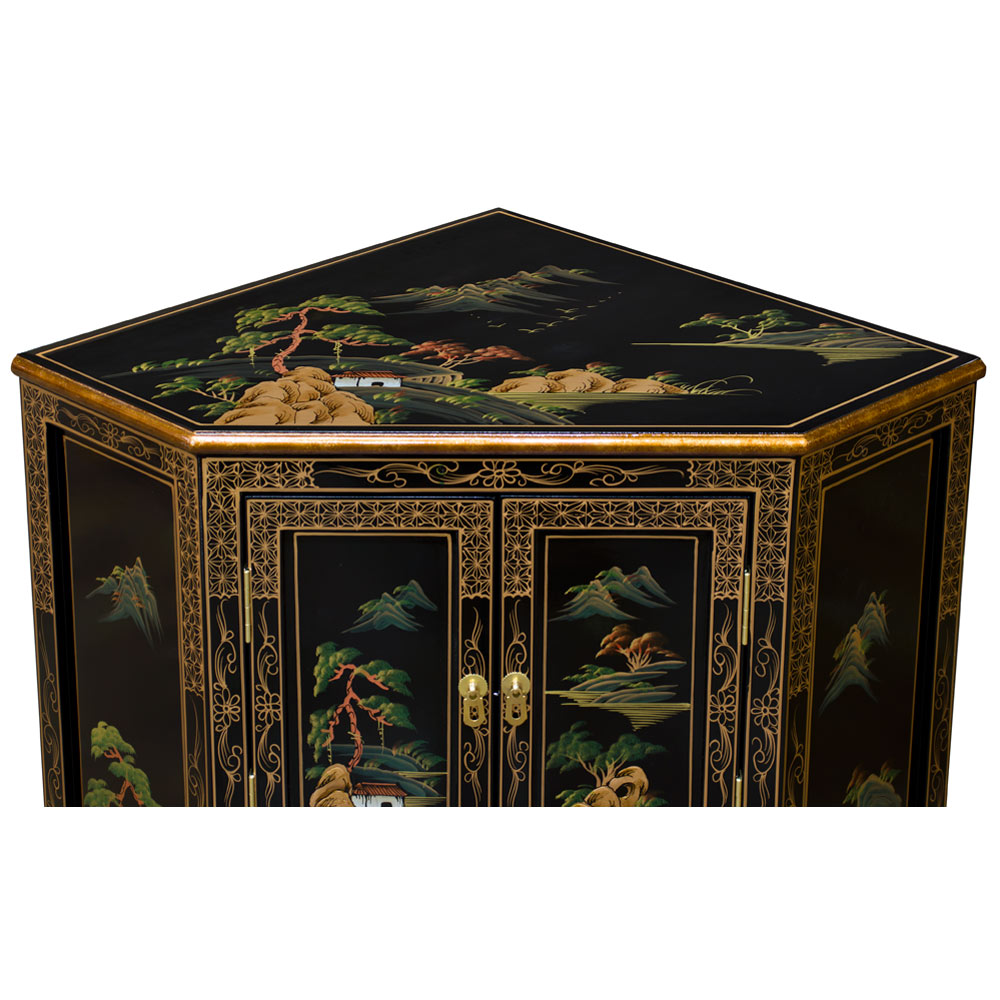 Black Lacquer Chinoiserie Landscape Oriental Corner Cabinet