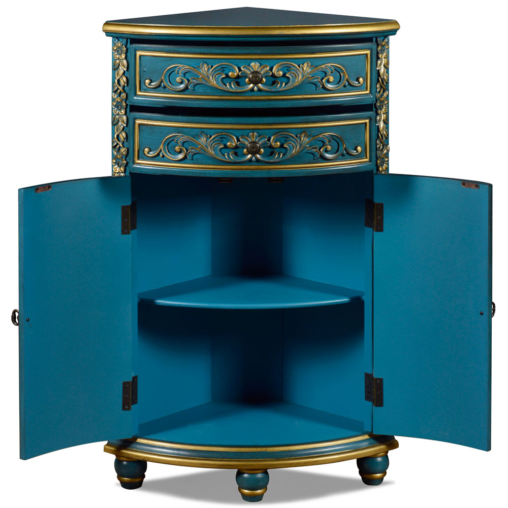 Aquamarine Blue and Gold French Style Oriental Round Corner Cabinet