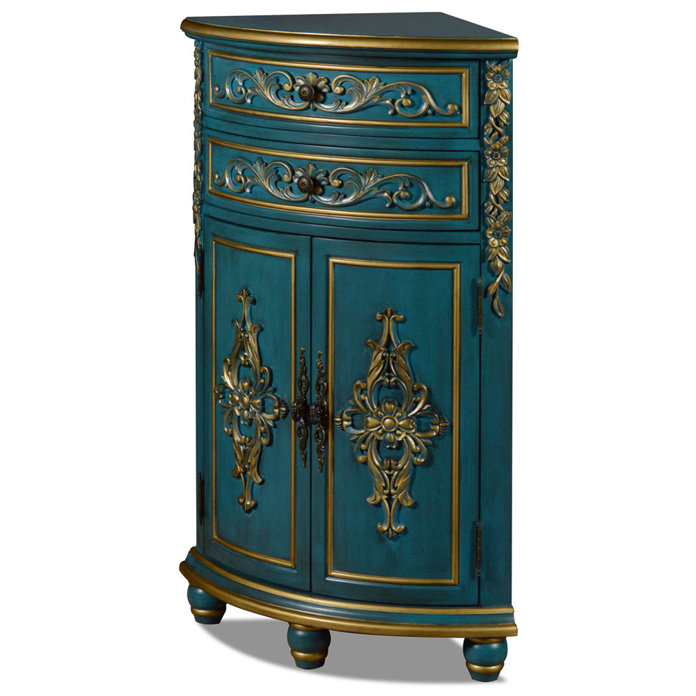 Aquamarine Blue and Gold French Style Oriental Round Corner Cabinet