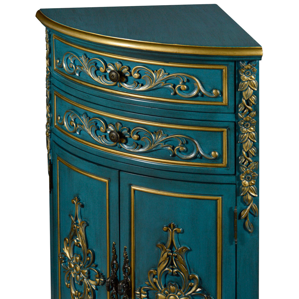 Aquamarine Blue and Gold French Style Oriental Round Corner Cabinet