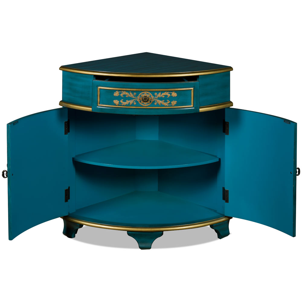 Aquamarine Blue and Gold French Style Asian Round Corner Cabinet