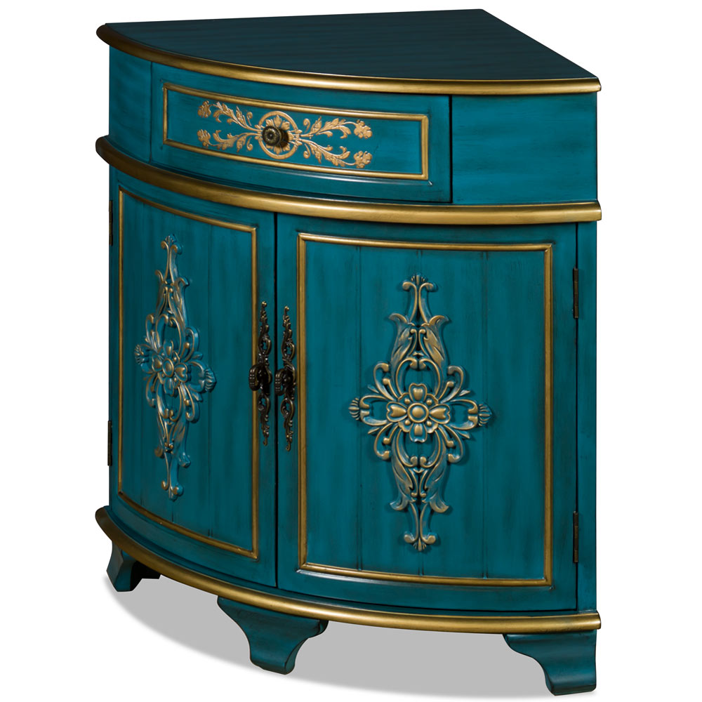 Aquamarine Blue and Gold French Style Asian Round Corner Cabinet